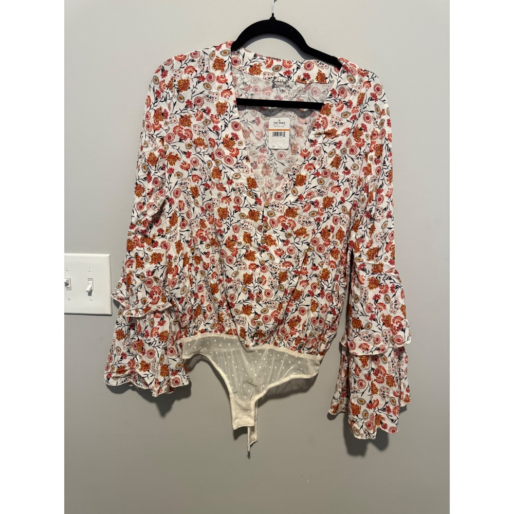Free People Intimately Floral Ruffle Sleeve Bodysuit White Sand Combo OB1015349
